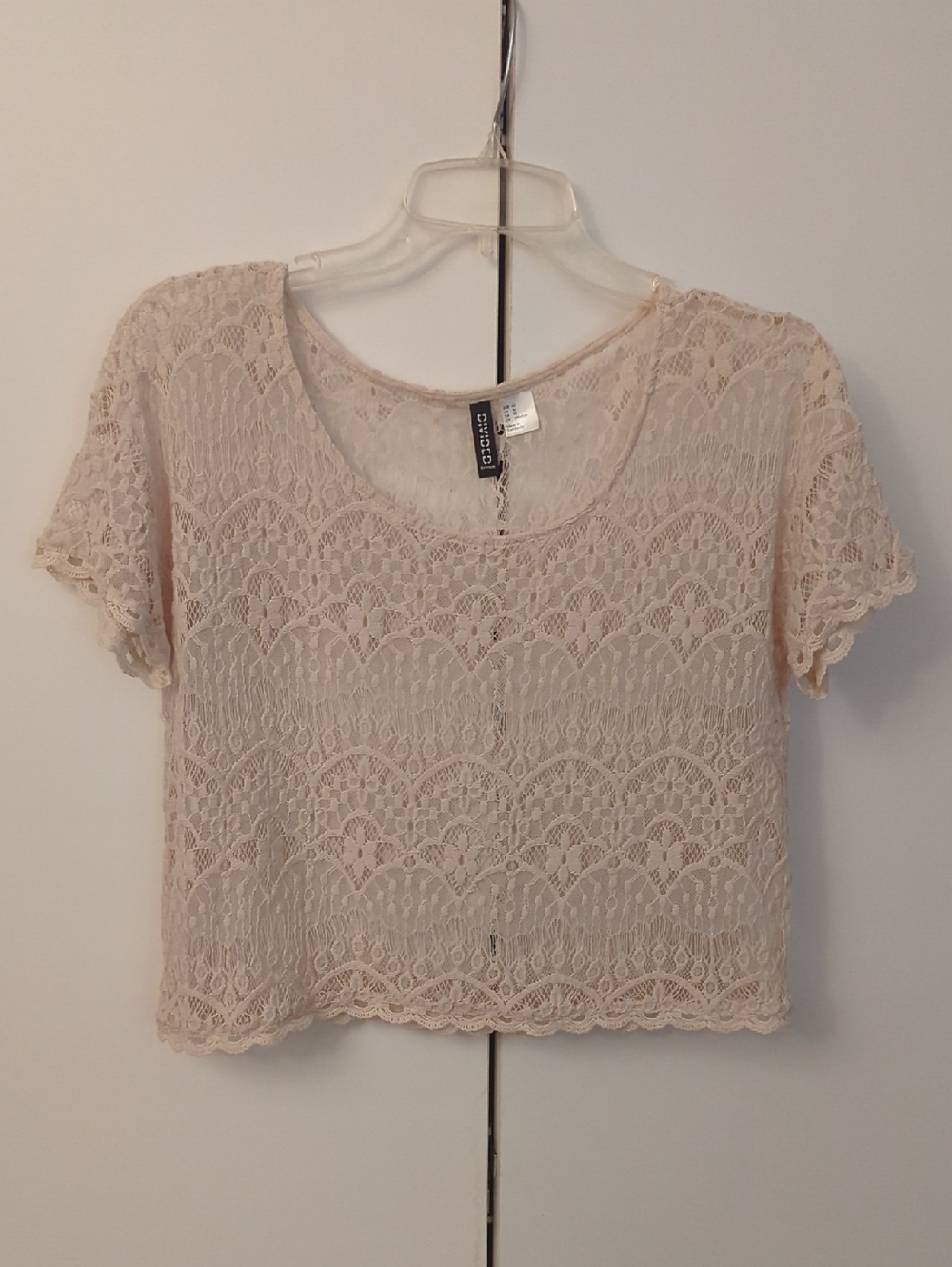 Lace Short-Sleeve Crop Top in Blush Beige by Divided from Express